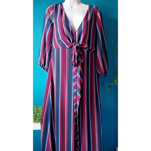Madewell Maxi Dress Womens 8 Wraparound Black Red Blue Stripe V Neck 3/4 Sleeve - Picture 1 of 10